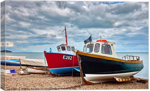 Colourful Fishing Boats on Beer Beach, Devon Canvas Print by Graham Prentice