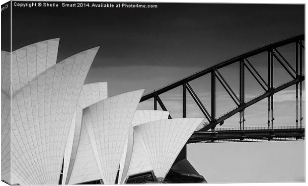 Sydney Opera House with bridge backdrop in mono Canvas Print by Sheila Smart