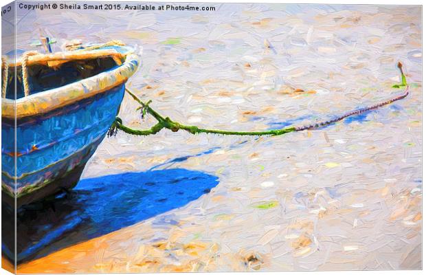  Blue boat moored on sand Canvas Print by Sheila Smart