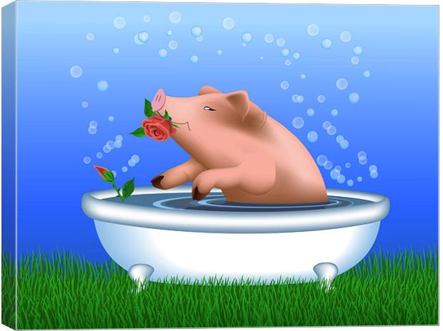 Pig with Roses Taking Bath Canvas Print by Lidiya Drabchuk