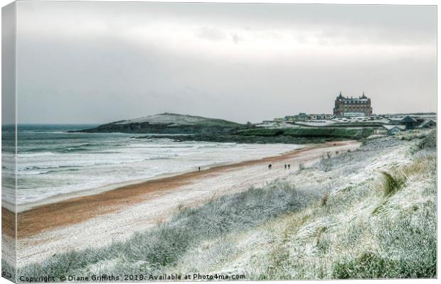 Fistral Beach under Snow Canvas Print by Diane Griffiths