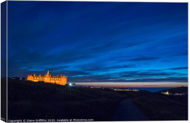 The Headland Hotel at Dusk Newquay Canvas Print by Diane Griffiths