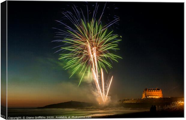 Fireworks on Fistral Beach, Newquay Canvas Print by Diane Griffiths