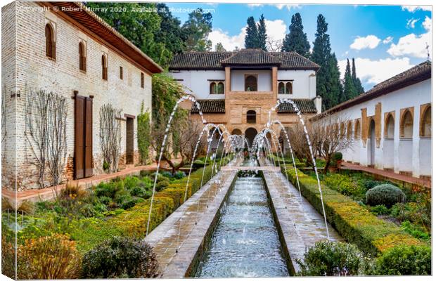 Fountain And Water Channel In Generalife Palace, A Canvas Print by Robert Murray