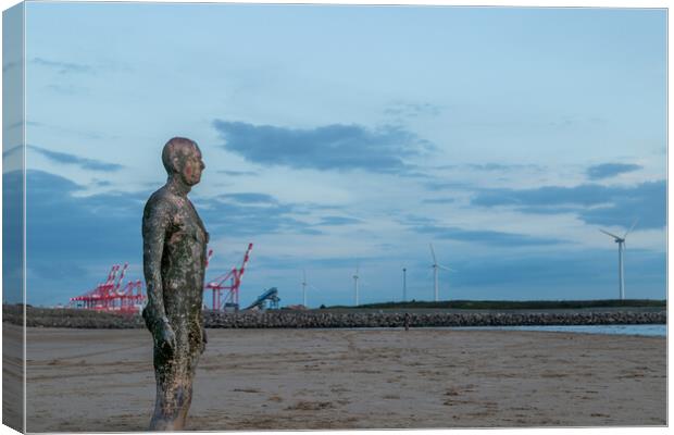 Iron Man stood next to Seaforth Docks Canvas Print by Jason Wells