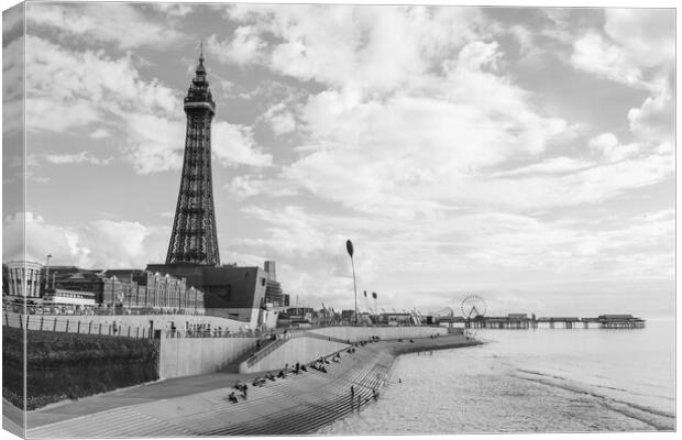 Blackpool Tower and the Central Pier in monochrome Canvas Print by Jason Wells