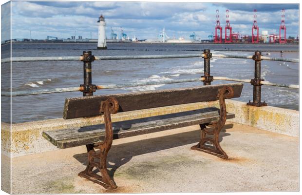 Bench facing out towards Liverpool Bay Canvas Print by Jason Wells