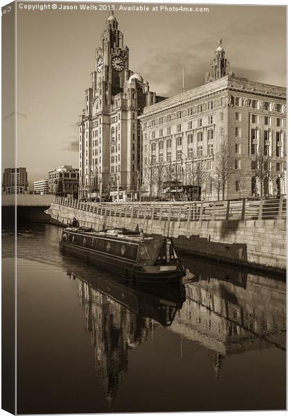 Canal boat in front of the Three Graces Canvas Print by Jason Wells