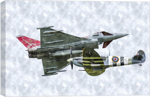 Typhoon & Spitfire pass over Canvas Print by Jason Wells