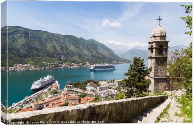Cruise ships moored in Kotor Canvas Print by Jason Wells