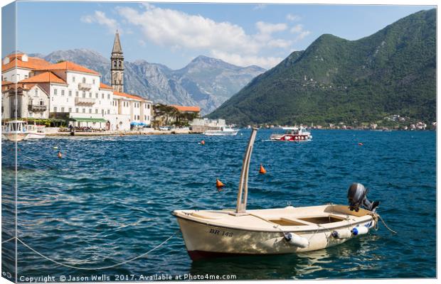 Small boat moored in Perast Canvas Print by Jason Wells