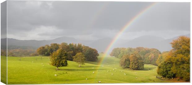Double rainbow panorama in the Lake District Canvas Print by Jason Wells