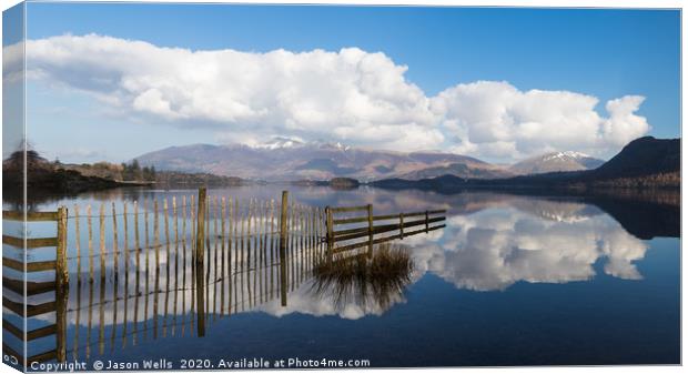 Fencing reflections in Derwent Water Canvas Print by Jason Wells