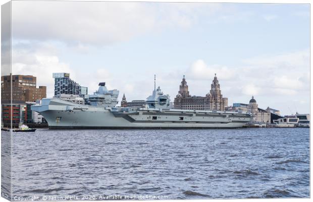 HMS Prince of Wales in front of the Liverpool wate Canvas Print by Jason Wells