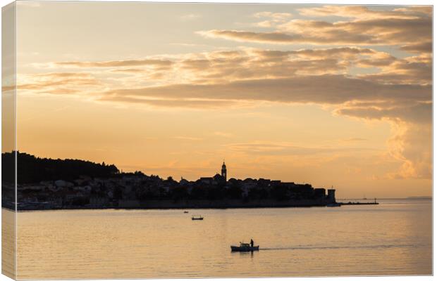 Fisherman in front of Korcula old town Canvas Print by Jason Wells