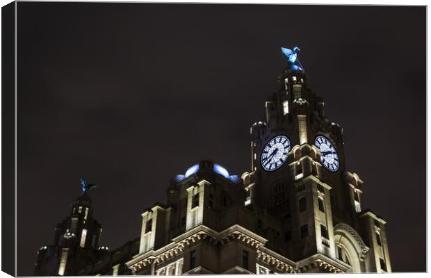 Liver Birds above Liverpool lit up at night Canvas Print by Jason Wells