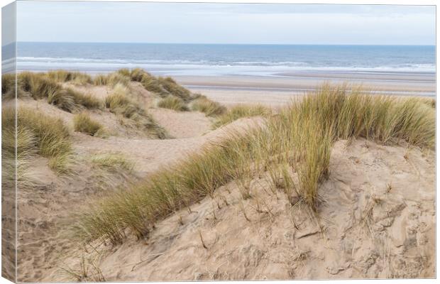Overlooking the sand dunes onto Formby beach Canvas Print by Jason Wells