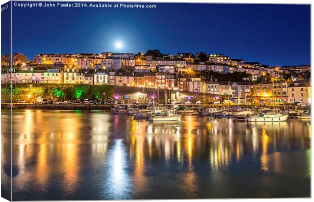 Brixham By Moonlight Canvas Print by John Fowler