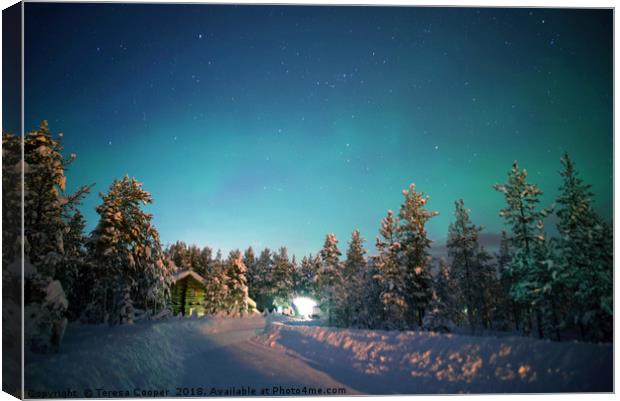 A wooden cabin under the Aurora Borealis  Canvas Print by Teresa Cooper