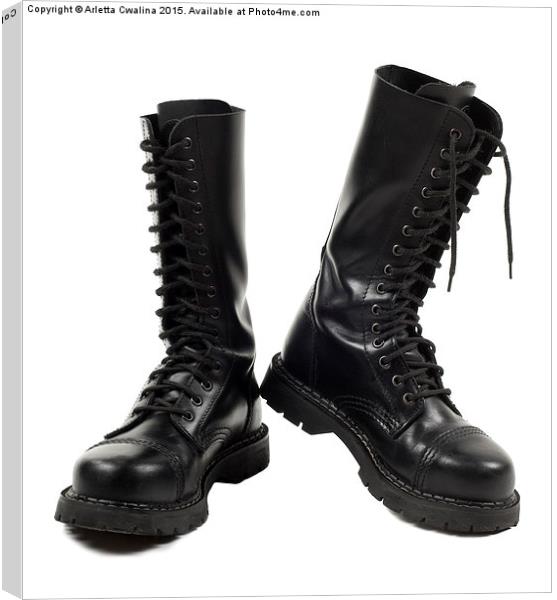 Pair of black leather bovver boots with laces  Canvas Print by Arletta Cwalina