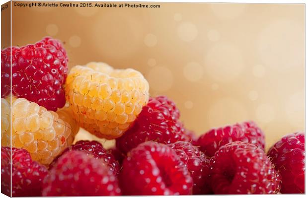 raspberry fruits in pile with circles bokeh  Canvas Print by Arletta Cwalina