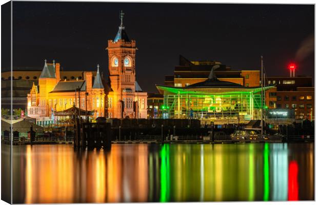 Pierhead Building and Senedd Illuminated Green for Canvas Print by Dean Merry