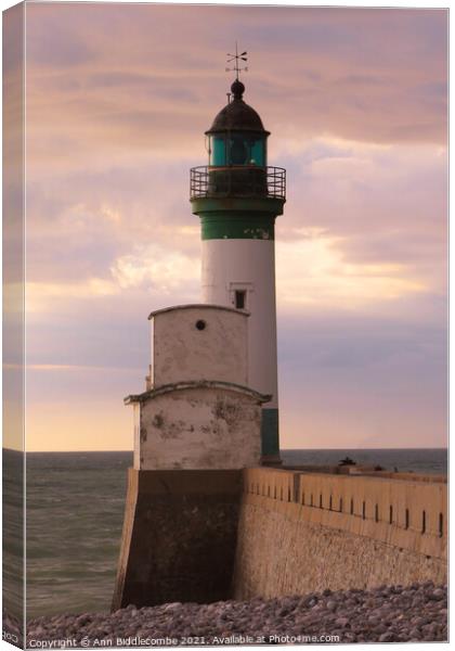 Lighthouse of Le Treport in Normandy under stormy  Canvas Print by Ann Biddlecombe