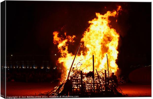 Close up of bonfire on Weymouth beach Canvas Print by Ann Biddlecombe