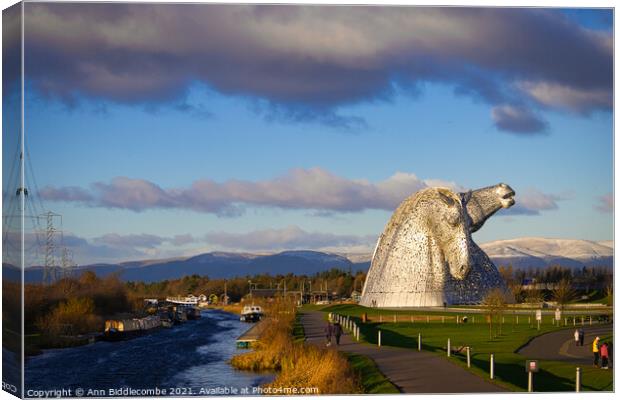 View of the hills behind the Kelpies in Falkirk Canvas Print by Ann Biddlecombe