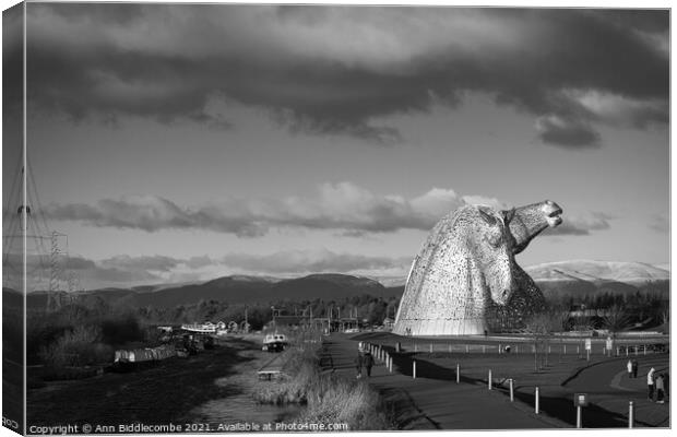 Monochrome view of the hills behind the Kelpies in Canvas Print by Ann Biddlecombe