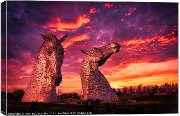 The Kelpies in Falkirk Canvas Print by Ann Biddlecombe