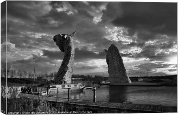 Kelpies from behind in Black and White Canvas Print by Ann Biddlecombe
