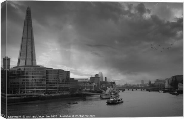 Monochrome View from Tower bridge just one of the  Canvas Print by Ann Biddlecombe