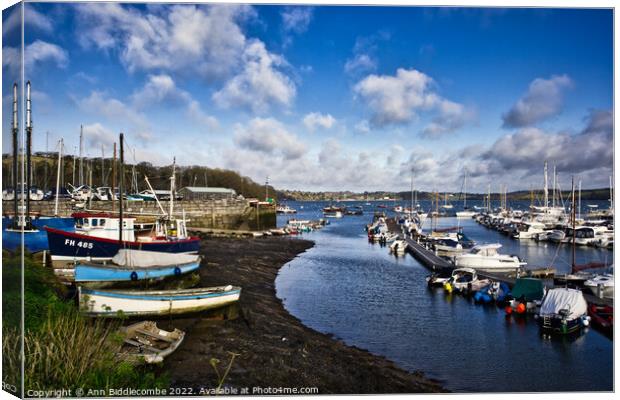 Mylor port harbour with the tide out Canvas Print by Ann Biddlecombe