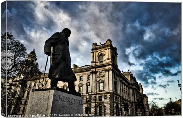 Churchill statue near parliament  Canvas Print by Ann Biddlecombe