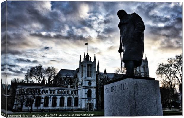 Churchill statue outside  parliament in London Canvas Print by Ann Biddlecombe
