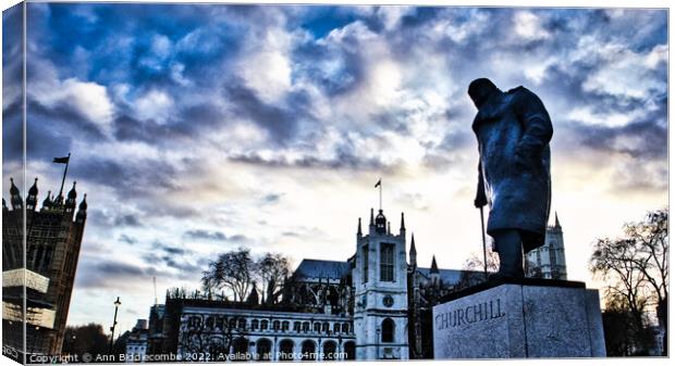Churchill statue at parliament in London Canvas Print by Ann Biddlecombe