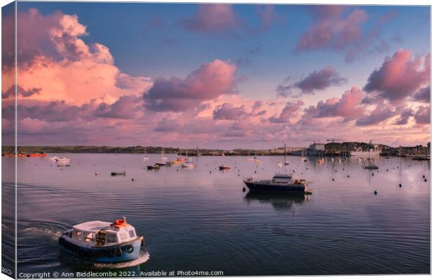 Falmouth harbour under pink skies Canvas Print by Ann Biddlecombe