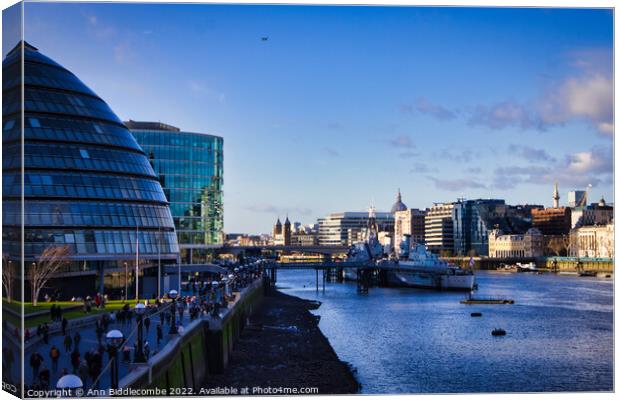 On Tower Bridge looking down the Thames to HMS Belfast Canvas Print by Ann Biddlecombe