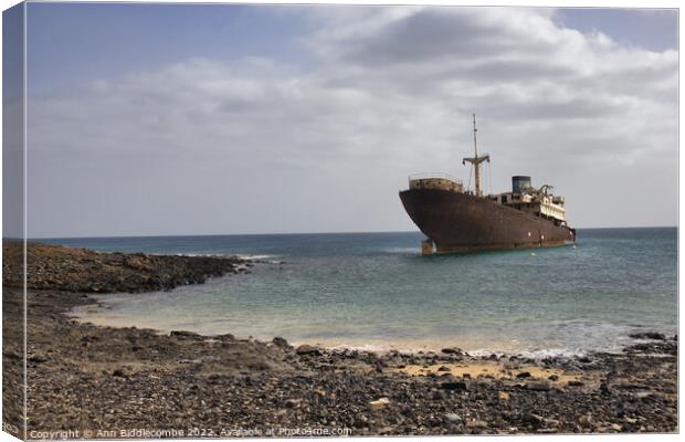 Shipwreck between Costa Teguise and Arrecife Canvas Print by Ann Biddlecombe