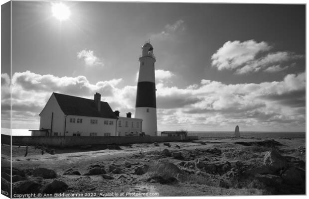 Portland Bill lighthouse with the sun in monochrom Canvas Print by Ann Biddlecombe
