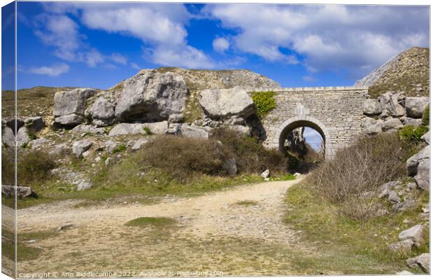 Stone archway at Portland Quarry Canvas Print by Ann Biddlecombe