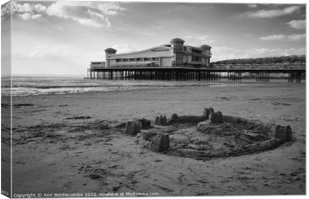 Weston-Super-Mare  sand castle in black and white Canvas Print by Ann Biddlecombe