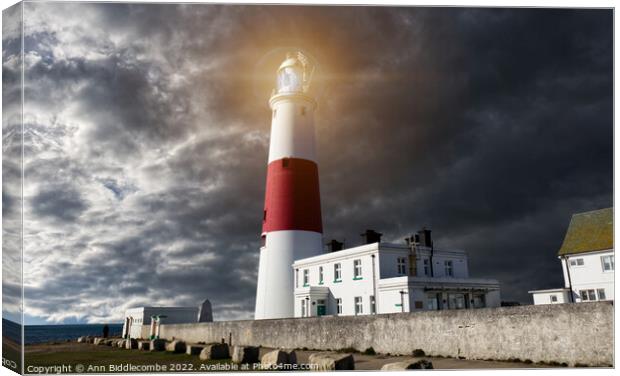 Portland Bill Lighthouse with stormy Skys Canvas Print by Ann Biddlecombe