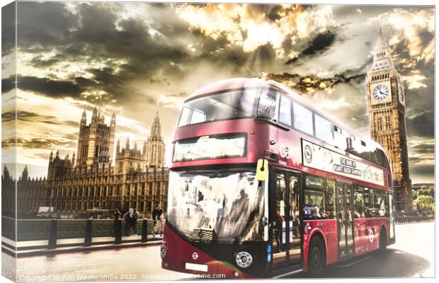 London bus and the houses of parliament  Canvas Print by Ann Biddlecombe