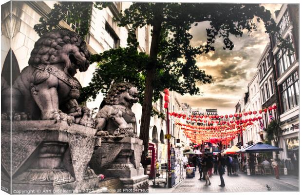 China town guardian dogs Canvas Print by Ann Biddlecombe