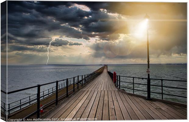 Southend on Sea pier as the storm comes in Canvas Print by Ann Biddlecombe