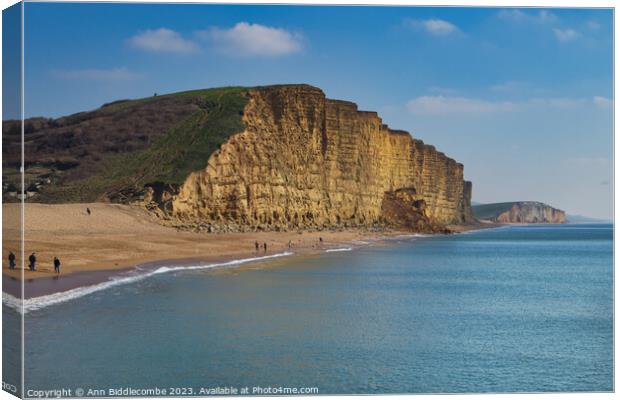 WestBay cliffs claimed by the sea Canvas Print by Ann Biddlecombe