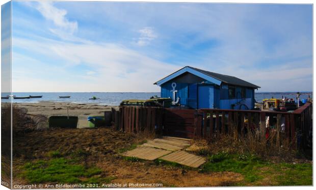 Blue boat shed Canvas Print by Ann Biddlecombe