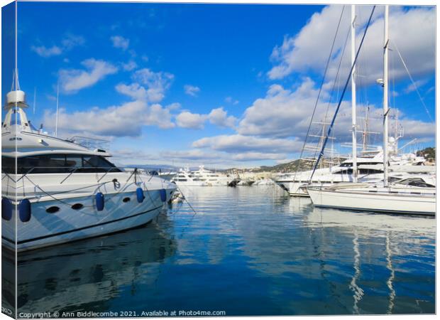 One of the marinas in Cannes Canvas Print by Ann Biddlecombe